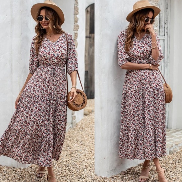 Floral print drawstring waist maxi dress - Picture 3 of 4